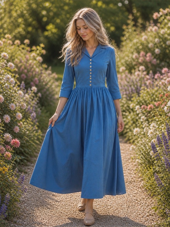Chilinen\Linen Vibes Dresses & Skirts - Blue Button-Front Midi Dress #120